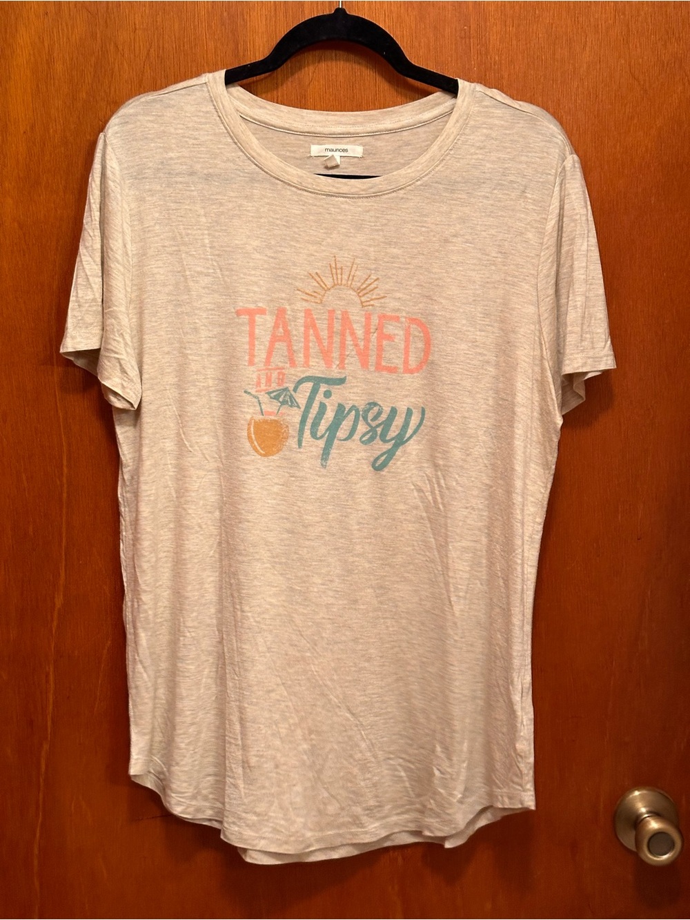 Maurices Light Beige Graphic Tee with Coral & Teal Print